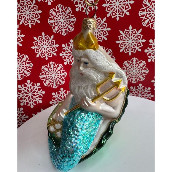 Kurt Adler Polonaise King Neptune Merman Blown Glass Ornament 6½ Aqua Green - Picture 4 of 7